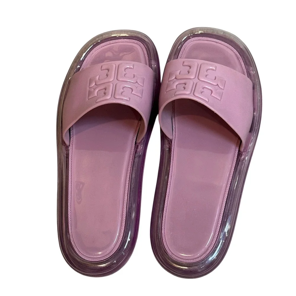 Tory Burch Bubble Jelly Slide Sandals Pink Salt Wide Strap Logo 8B